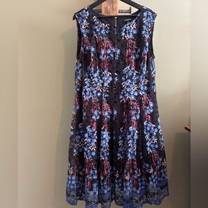 110.) Roz & Ali / Floral Sleeveless Dress - Black and Blue / Lace Overlay